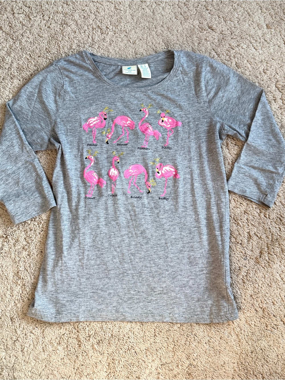 Caribbean Joe womens Gray Flamingo Print Top Size S Small 3/4 Sleeve Cotton Tee - Picture 5 of 6